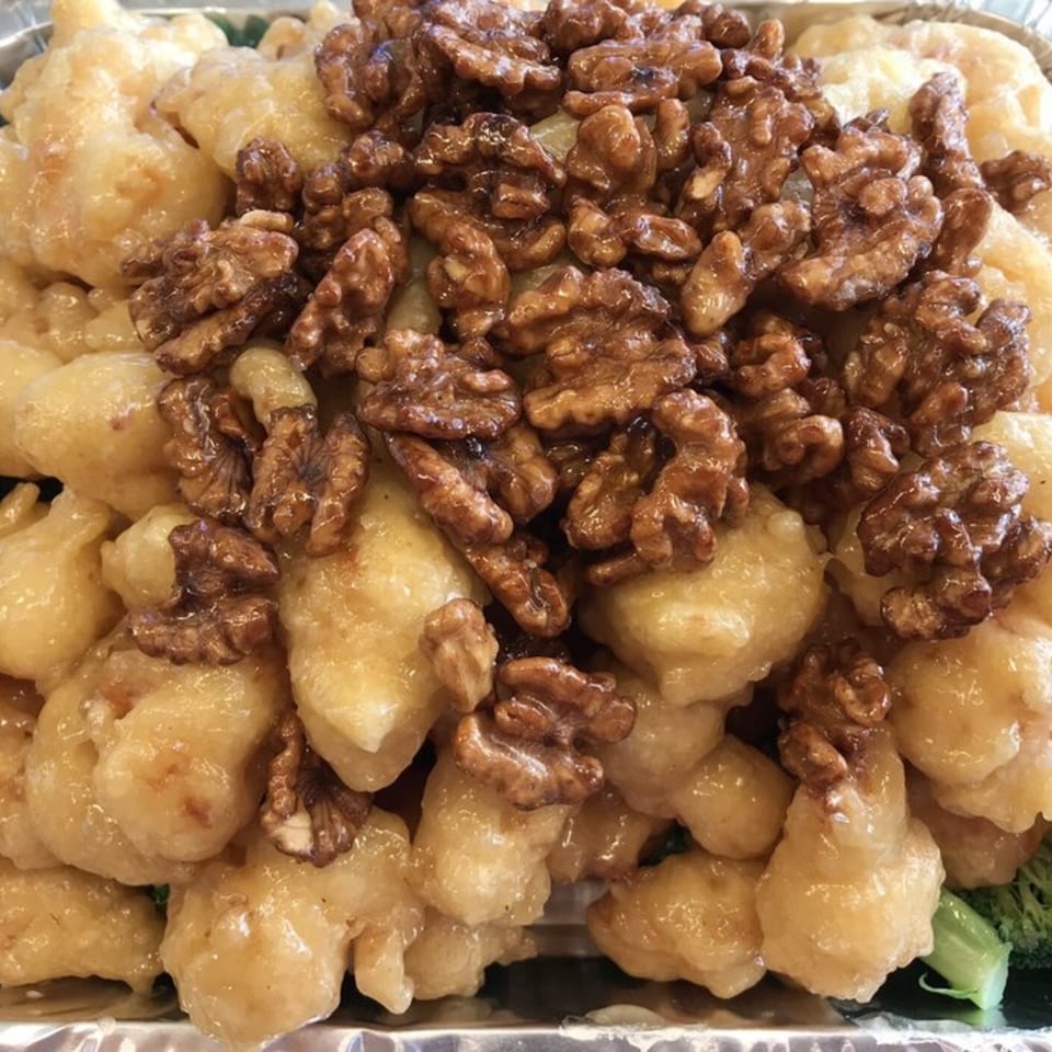 Honey walnut shrimp from Wong's Wok Chinese Kitchen, with candied walnuts atop crispy shrimp.