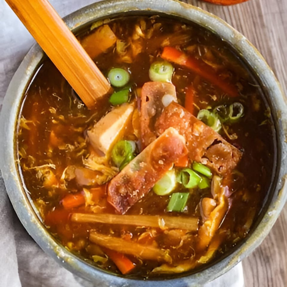 A close-up of Wong's Wok hot and sour soup with tofu, vegetables, and a bamboo spoon.