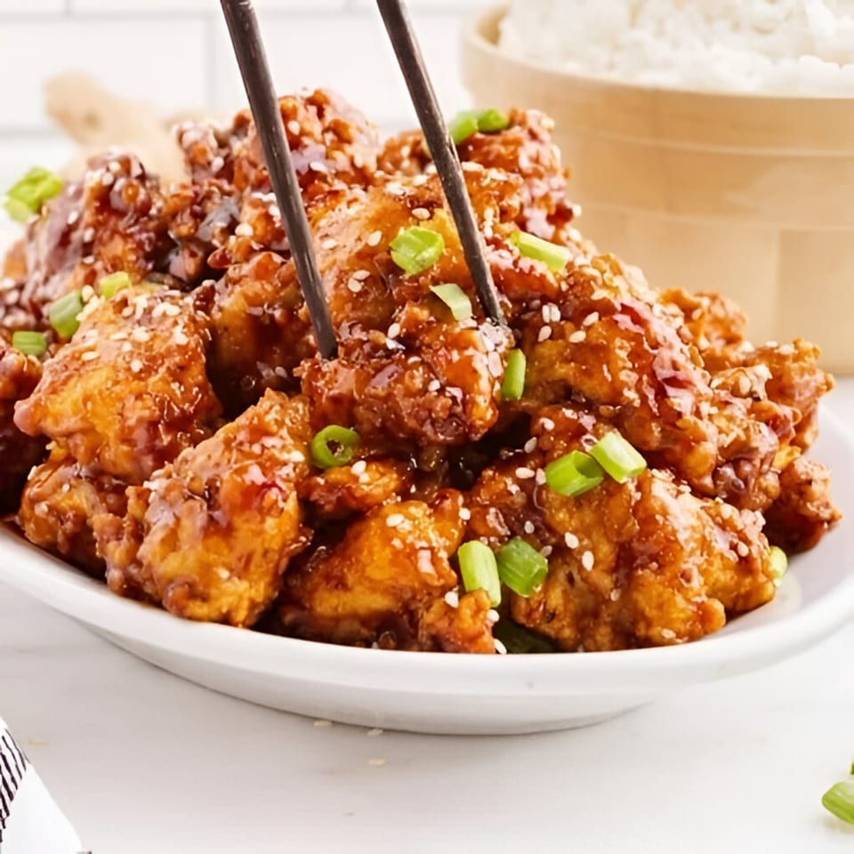 Wong's Wok Chinese Kitchen's General Tso's chicken, garnished with sesame seeds and green onions.