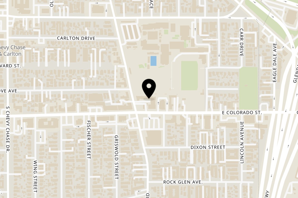 Map showing the location of Wong's Wok Chinese Kitchen on 1415 E Colorado St in Glendale